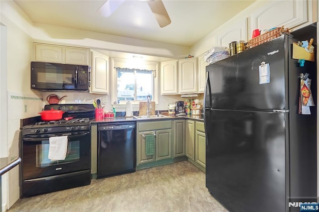 28 Urma Pl, Bloomfield, NJ 07003 - kitchen with black appliances, a ceiling fan, dark countertops, and white cabinetry