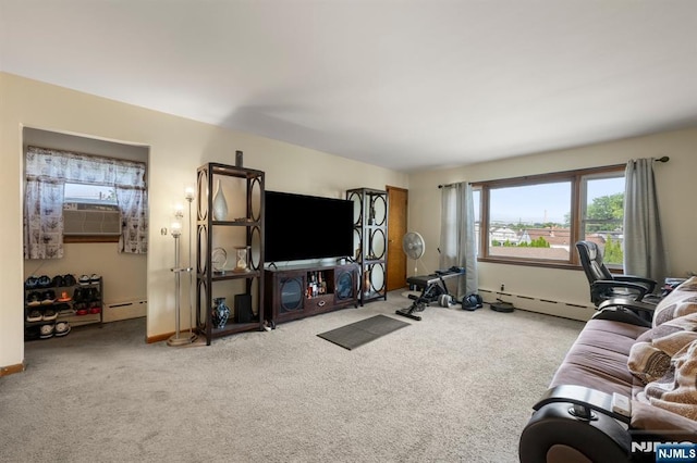 105 Old Hoboken Rd, Hackensack, NJ 07601 - carpeted living area with baseboard heating, cooling unit, and a baseboard radiator