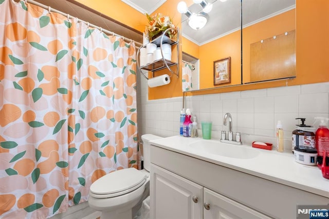 105 Old Hoboken Rd, Hackensack, NJ 07601 - full bath featuring tile walls, ornamental molding, vanity, and a shower with shower curtain