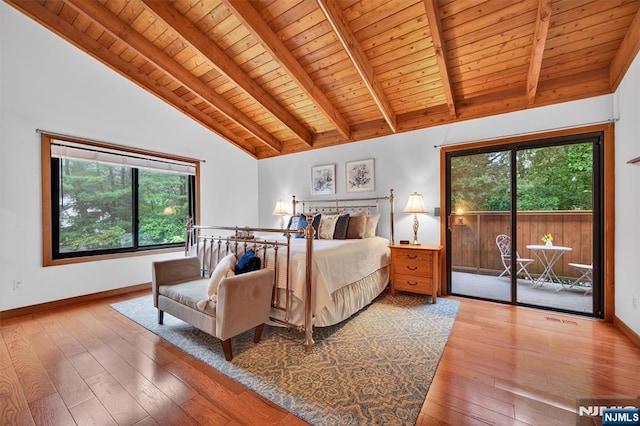 11 Country Ln, Mahwah, NJ 07430 - bedroom with a wood ceiling with exposed beams, access to exterior, hardwood / wood-style floors, and high vaulted ceiling