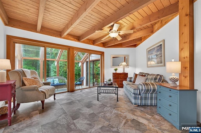 11 Country Ln, Mahwah, NJ 07430 - living area featuring a wooden ceiling with exposed beams, stone finish flooring, plenty of natural light, and a ceiling fan