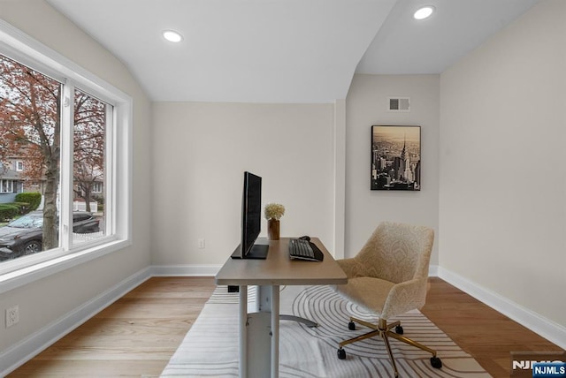 222 4th St, Ridgefield Park, NJ 07660 - home office with light wood-style flooring, recessed lighting, and lofted ceiling