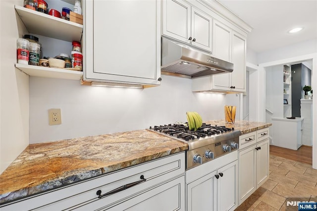 21 Valley Forge Way, Ho-Ho-Kus, NJ 07423 - kitchen with under cabinet range hood, stainless steel gas stovetop, light stone countertops, white cabinetry, and recessed lighting