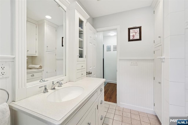 21 Valley Forge Way, Ho-Ho-Kus, NJ 07423 - bathroom with a wainscoted wall, tile patterned flooring, vanity, and recessed lighting