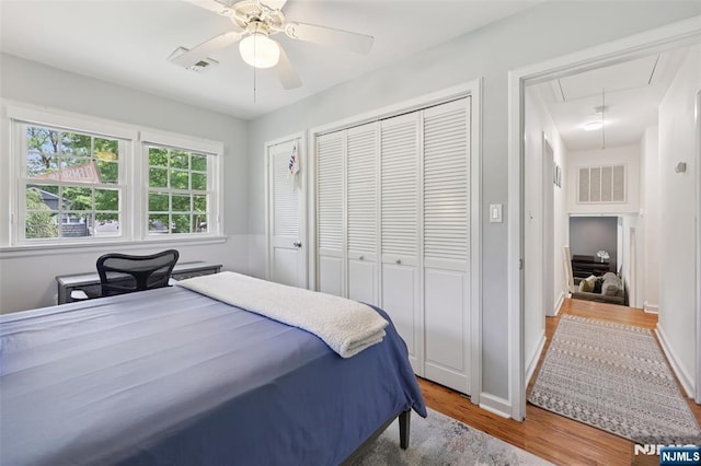 21 Valley Forge Way, Ho-Ho-Kus, NJ 07423 - bedroom featuring attic access, wood finished floors, and a ceiling fan