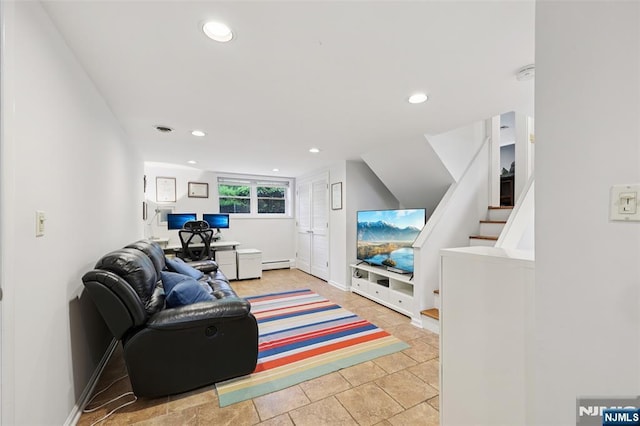 21 Valley Forge Way, Ho-Ho-Kus, NJ 07423 - living area featuring an office area, a baseboard heating unit, recessed lighting, and stairs
