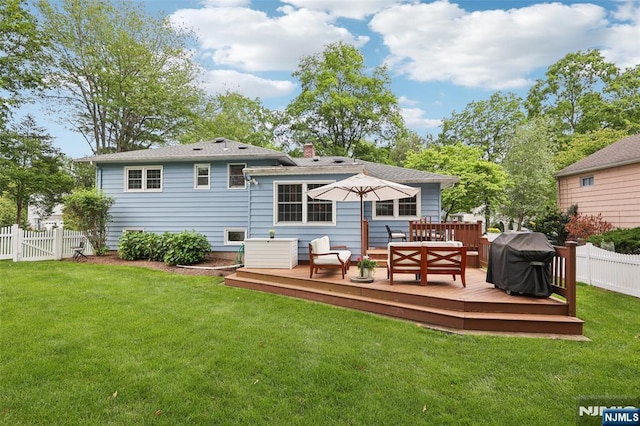 21 Valley Forge Way, Ho-Ho-Kus, NJ 07423 - rear view of house with a fenced backyard, a deck, and a chimney