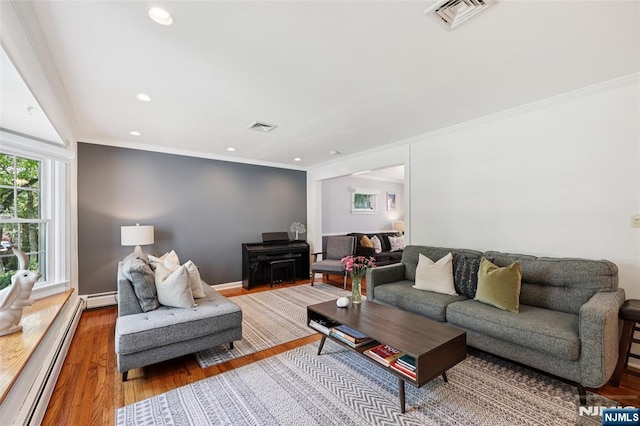 21 Valley Forge Way, Ho-Ho-Kus, NJ 07423 - living area featuring a baseboard radiator, ornamental molding, wood finished floors, recessed lighting, and a baseboard heating unit