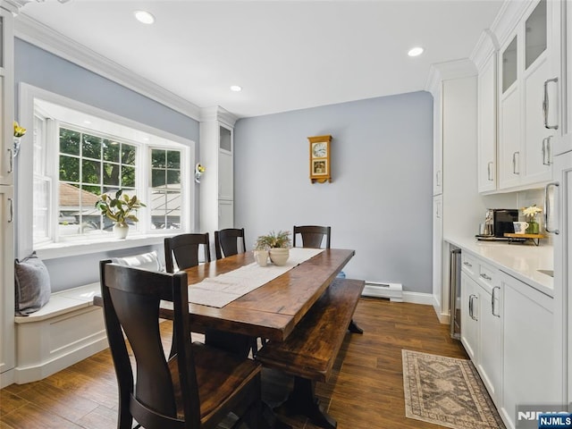 36 First, Hawthorne, NJ 07506 - dining area with dark wood finished floors, baseboard heating, recessed lighting, ornamental molding, and beverage cooler