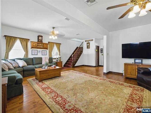 36 First, Hawthorne, NJ 07506 - living area featuring stairs, a ceiling fan, hardwood / wood-style flooring, and a chandelier