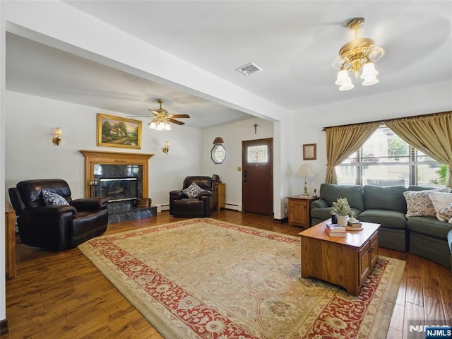 36 First, Hawthorne, NJ 07506 - living room featuring a ceiling fan, wood finished floors, and a premium fireplace