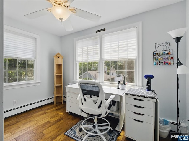 36 First, Hawthorne, NJ 07506 - office area with a baseboard radiator, healthy amount of natural light, dark wood-style floors, and ceiling fan