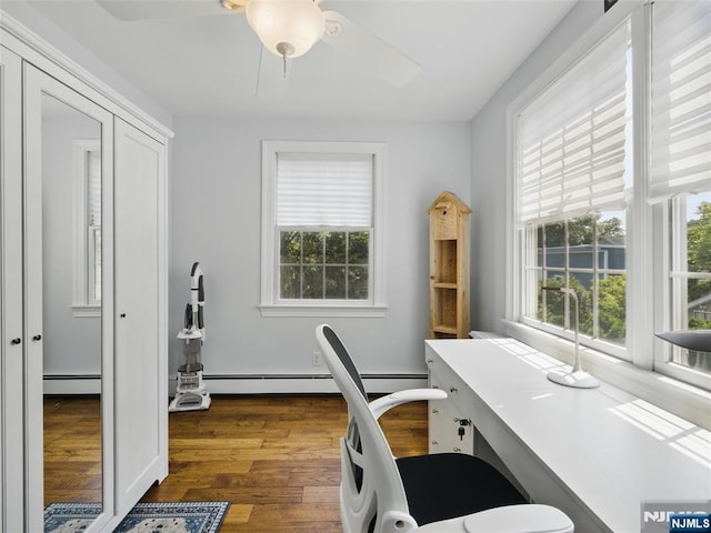 36 First, Hawthorne, NJ 07506 - office area featuring wood finished floors, a ceiling fan, baseboard heating, and a baseboard heating unit
