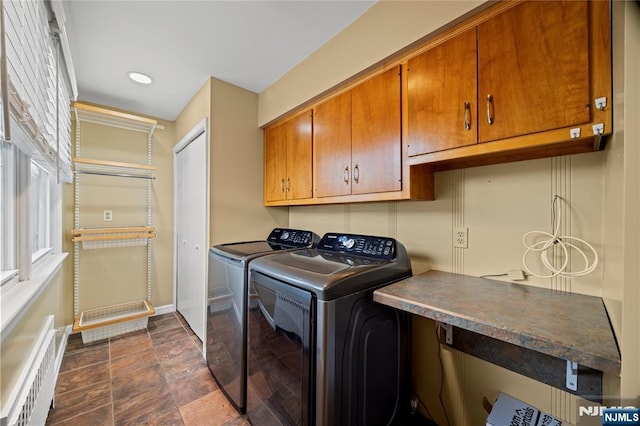 115 12th St, Prospect Park, NJ 07508 - washroom featuring cabinet space, washing machine and dryer, dark stone finish floors, and recessed lighting