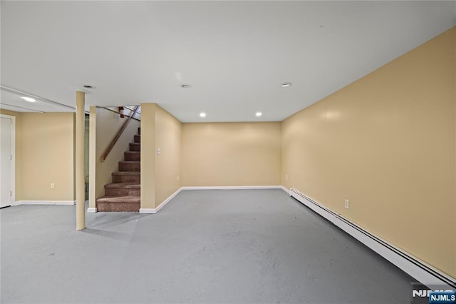 115 12th St, Prospect Park, NJ 07508 - finished below grade area featuring a baseboard radiator, stairway, and recessed lighting