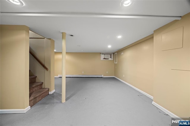115 12th St, Prospect Park, NJ 07508 - finished basement featuring a baseboard radiator, recessed lighting, and stairs