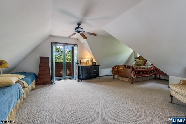 19 Division Ln, Byram, NJ 07821 - bedroom with vaulted ceiling, carpet, access to exterior, and a ceiling fan