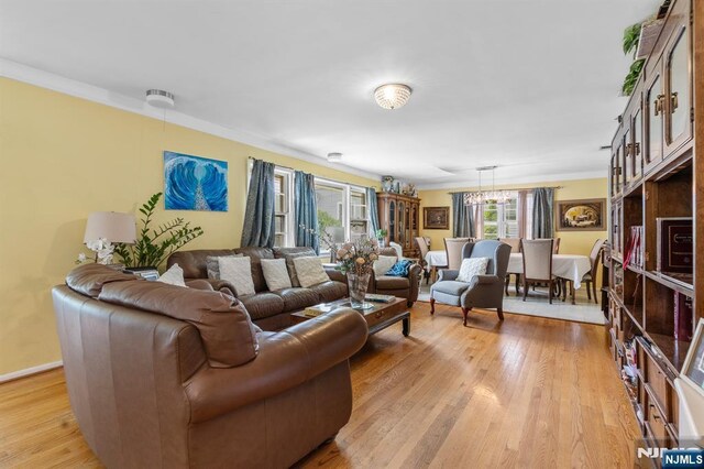 8 Hampton Rd, Clifton, NJ 07012 - living room with light wood finished floors, crown molding, and a chandelier