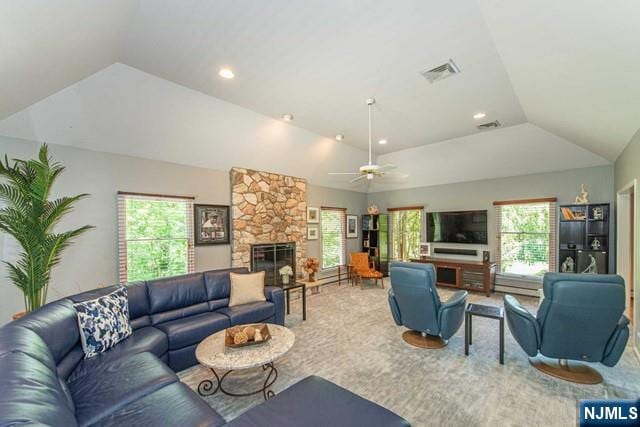 5 Hurley Ct, Wyckoff, NJ 07481 - living room with lofted ceiling, a stone fireplace, recessed lighting, and a ceiling fan
