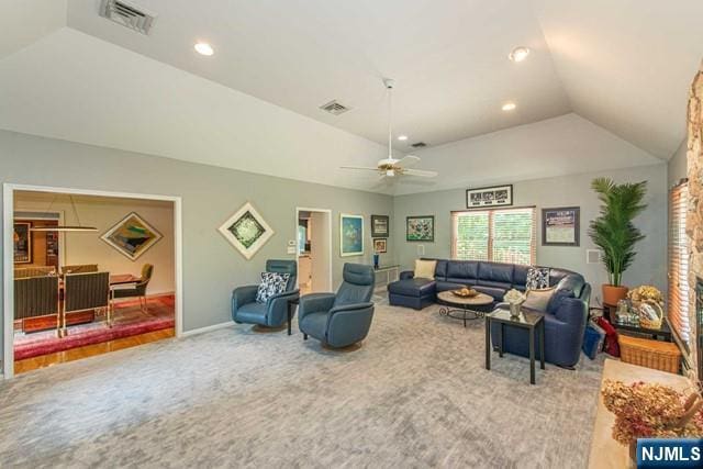 5 Hurley Ct, Wyckoff, NJ 07481 - living area featuring carpet floors, lofted ceiling, recessed lighting, and ceiling fan