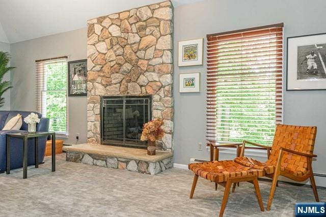 5 Hurley Ct, Wyckoff, NJ 07481 - living area with a fireplace, carpet flooring, and vaulted ceiling
