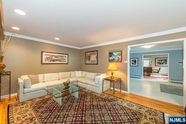 5 Hurley Ct, Wyckoff, NJ 07481 - living room featuring crown molding, wood finished floors, baseboard heating, and recessed lighting