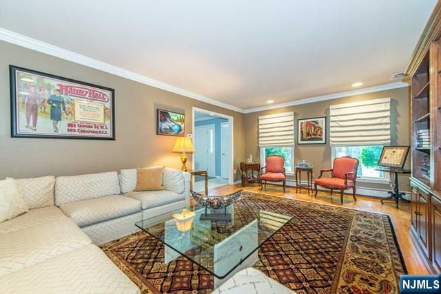 5 Hurley Ct, Wyckoff, NJ 07481 - living room with ornamental molding, light wood-type flooring, and recessed lighting