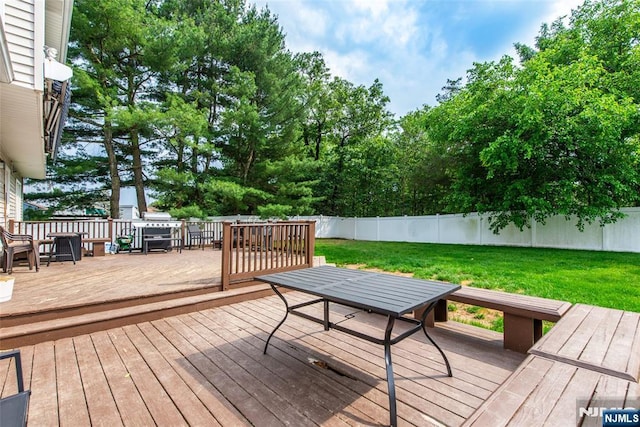 76 Point View Parkway, Wayne, NJ 07470 - wooden terrace featuring outdoor dining space, a fenced backyard, and a grill