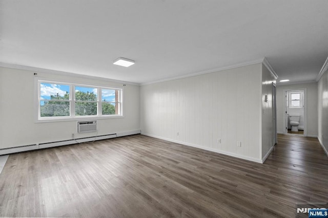 8829 Kennedy Blvd Unit E5, North Bergen, NJ 07047 - empty room featuring ornamental molding, wood finished floors, plenty of natural light, a baseboard heating unit, and a wall mounted air conditioner