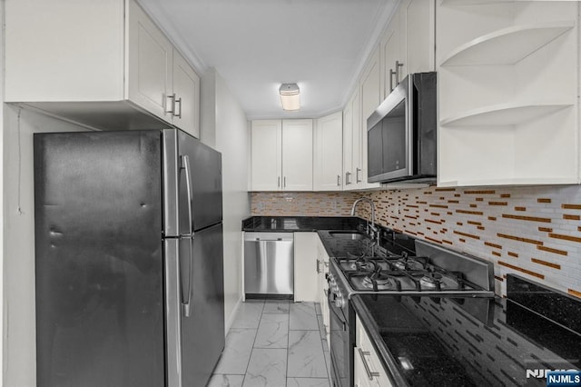 8829 Kennedy Blvd Unit E5, North Bergen, NJ 07047 - kitchen featuring appliances with stainless steel finishes, light marble finish floors, white cabinets, open shelves, and dark stone counters
