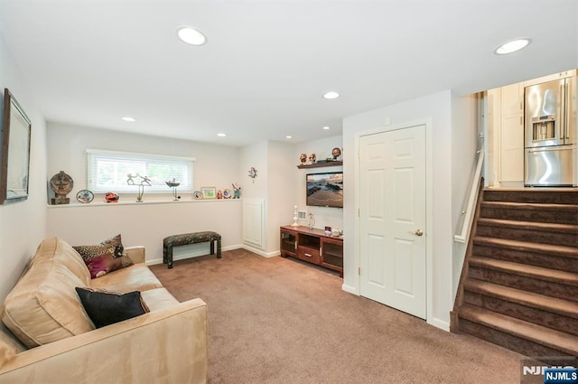 39 Terrace Rd, Wayne, NJ 07470 - living area featuring light carpet, recessed lighting, and stairway