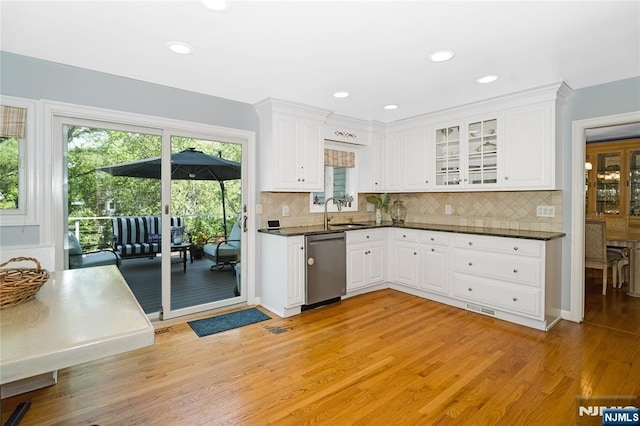 17 Windham Pl, Glen Rock, NJ 07452 - kitchen featuring dishwasher, light wood finished floors, white cabinets, tasteful backsplash, and recessed lighting