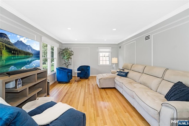 17 Windham Pl, Glen Rock, NJ 07452 - living area featuring healthy amount of natural light, light wood finished floors, ornamental molding, and recessed lighting