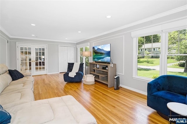 17 Windham Pl, Glen Rock, NJ 07452 - living room featuring french doors, ornamental molding, light wood-style flooring, and recessed lighting
