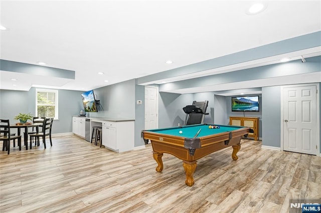 17 Windham Pl, Glen Rock, NJ 07452 - playroom featuring a bar, light wood-type flooring, billiards table, and recessed lighting
