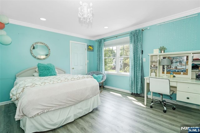 17 Windham Pl, Glen Rock, NJ 07452 - bedroom with ornamental molding, wood finished floors, an office area, recessed lighting, and a chandelier