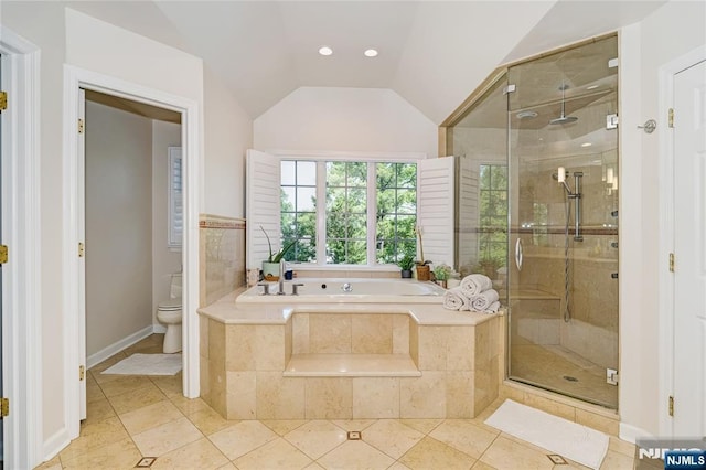 17 Windham Pl, Glen Rock, NJ 07452 - bathroom featuring a shower stall, a bath, tile patterned flooring, and vaulted ceiling
