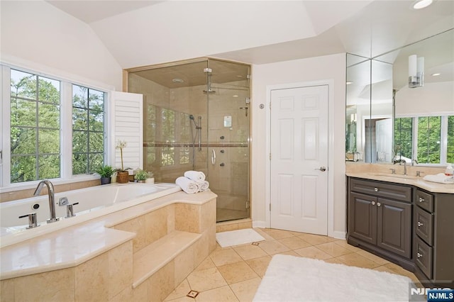 17 Windham Pl, Glen Rock, NJ 07452 - bathroom featuring vanity, a stall shower, tile patterned flooring, a bath, and healthy amount of natural light