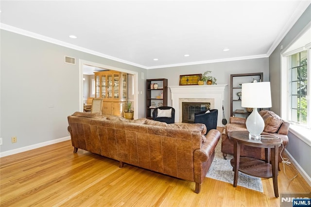 17 Windham Pl, Glen Rock, NJ 07452 - living area featuring light wood finished floors, a glass covered fireplace, ornamental molding, and recessed lighting