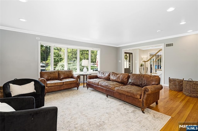 17 Windham Pl, Glen Rock, NJ 07452 - living room featuring crown molding, light wood-type flooring, recessed lighting, and stairway