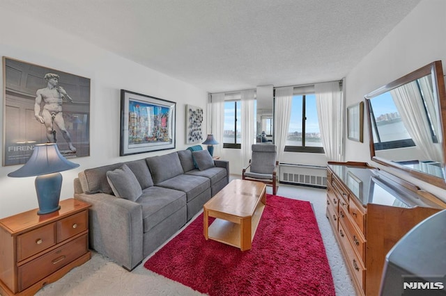 300 Winston Unit 2105, Cliffside Park, NJ 07010 - living area featuring light colored carpet, a textured ceiling, and radiator