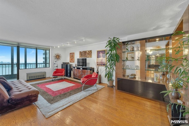 300 Winston Unit 2105, Cliffside Park, NJ 07010 - living area with a textured ceiling, wood finished floors, and rail lighting