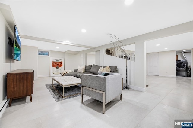 15 Kings Ct, Woodcliff Lake, NJ 07677 - living area with washer / clothes dryer, recessed lighting, and light tile patterned floors