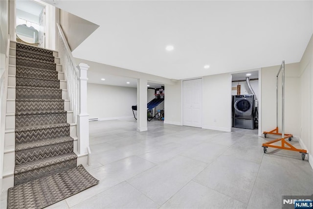 15 Kings Ct, Woodcliff Lake, NJ 07677 - finished basement featuring washer / dryer, stairway, recessed lighting, tile patterned flooring, and a baseboard heating unit