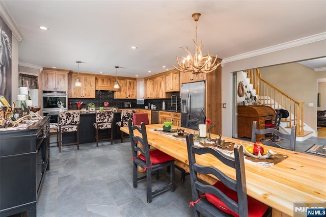 15 Franeks Rd, Hamburg, NJ 07419 - dining space with a chandelier, crown molding, recessed lighting, and stairs