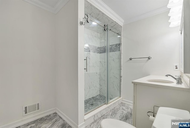 33 Berkshire Rd, Woodcliff Lake, NJ 07677 - full bath with marble finish flooring, a marble finish shower, ornamental molding, and vanity