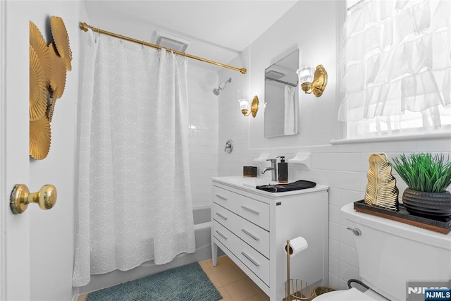 63 Rosedale Ave, Clifton, NJ 07013 - bathroom featuring tile walls, shower / bathtub combination with curtain, vanity, and tile patterned floors