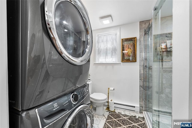 63 Rosedale Ave, Clifton, NJ 07013 - bathroom with stacked washing machine and dryer, a baseboard radiator, a stall shower, and tile patterned floors