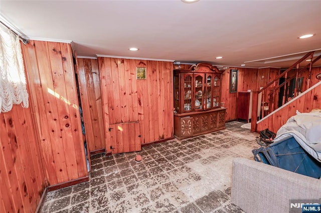 136 Martin Ave, Clifton, NJ 07012 - interior space with wood walls, tile patterned floors, stairway, and recessed lighting