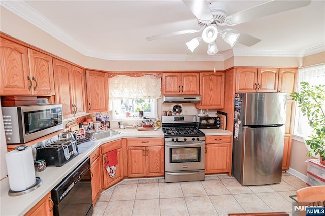 136 Martin Ave, Clifton, NJ 07012 - kitchen featuring stainless steel appliances, under cabinet range hood, a ceiling fan, light countertops, and crown molding